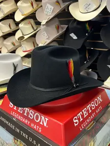 STETSON 6X Rancher BLACK Cowboy Felt Hat with 3.5" Brim & 5" Crown - Final Sale Item Made in USA Featuring Feather on Band