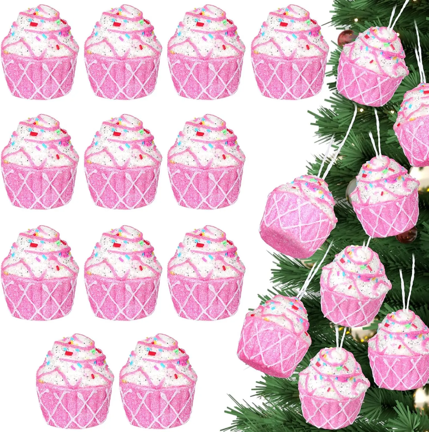 12 count Cupcake Ornaments Set Christmas  Christmas Tree  Cupcake Pastel Mini Dessert Ornaments for Xmas Tree Decoration Party Supplies ( Cupcakes)