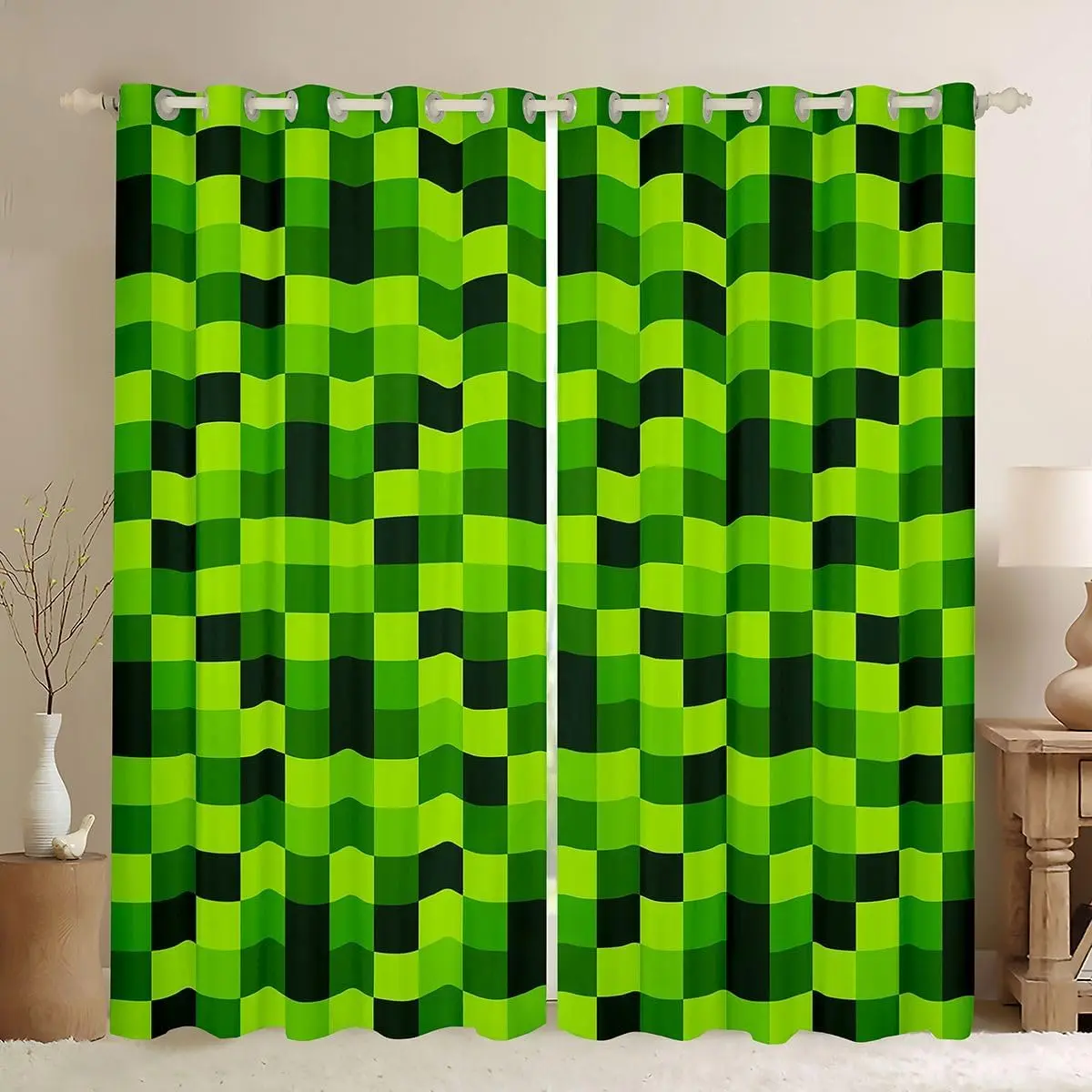 Green Pixelated Miner Blackout Curtains Video Games Window Curtains 2 Panels,,Cartoon Gamepad Window Treatments Drapes Geometric Check Checkered Grid Curtain