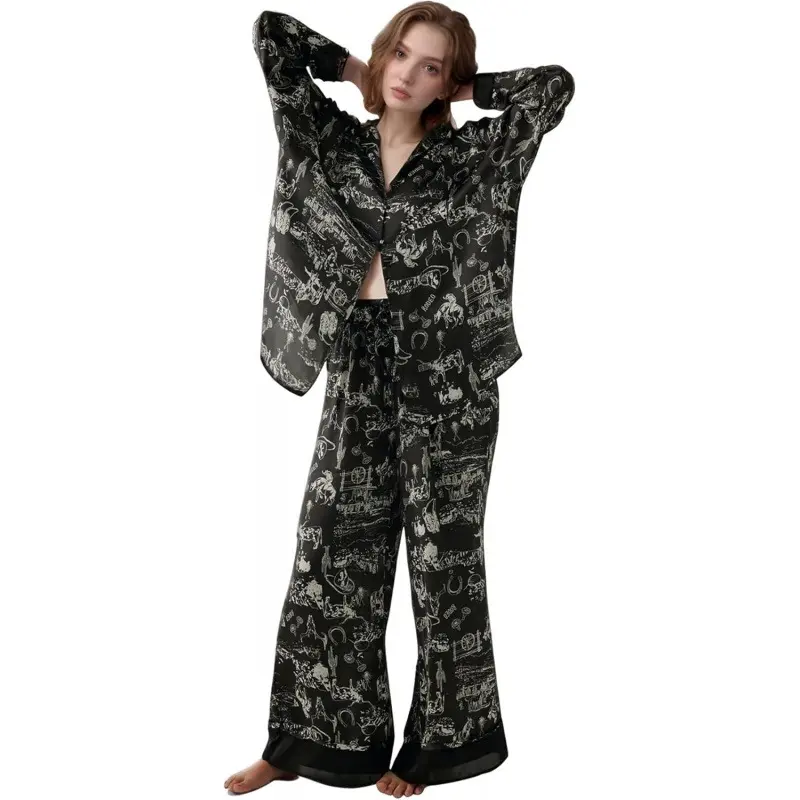 Yimoon  2 Piece Satin Pajama Set for Women Silk Pajamas Set  Floral Pj Set Long Sleeve Button Down Pjs Sleepwear