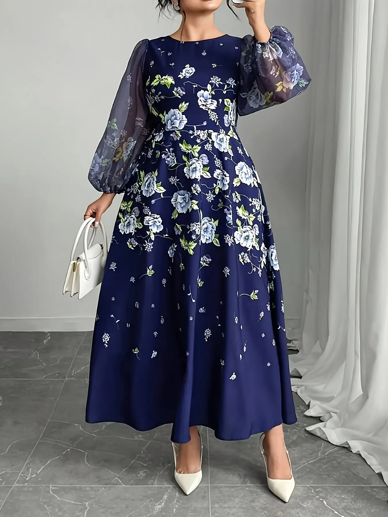 Plus Size Women's Floral Transparent Chiffon Breathable Lantern Sleeve Elegant Chic Dress, Long Sleeve All over Print, Casual Wear Summer Fashion Womenswear