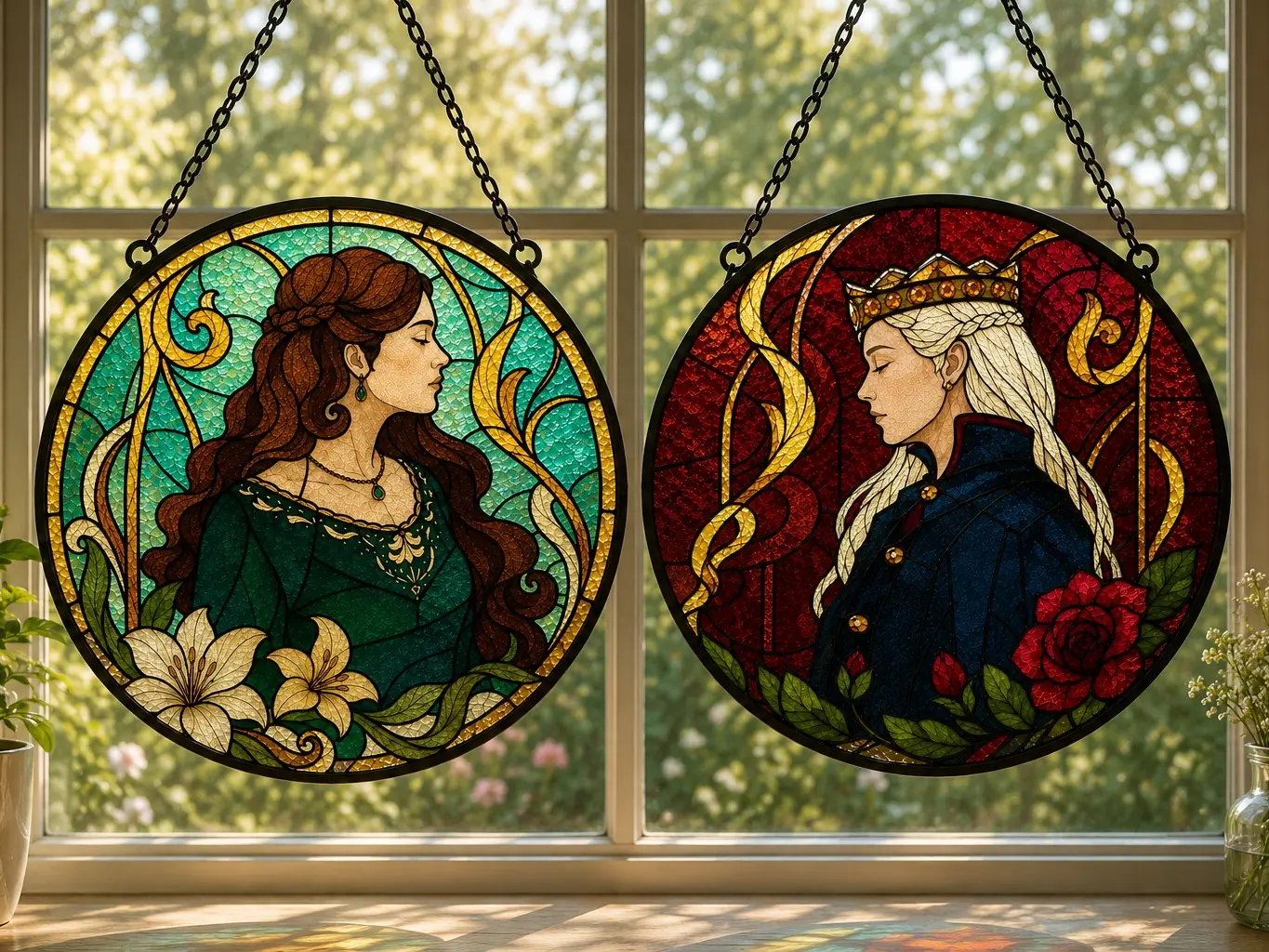 House of the Drag0n Rhaenyra Targaryen & Alicent Hightower Stained Glass Window Suncatchers - Beautiful Team Black vs Team Green Faux Glass Art Hanging Decor - Perfect Dark Fantasy Gift for GOT Fans
