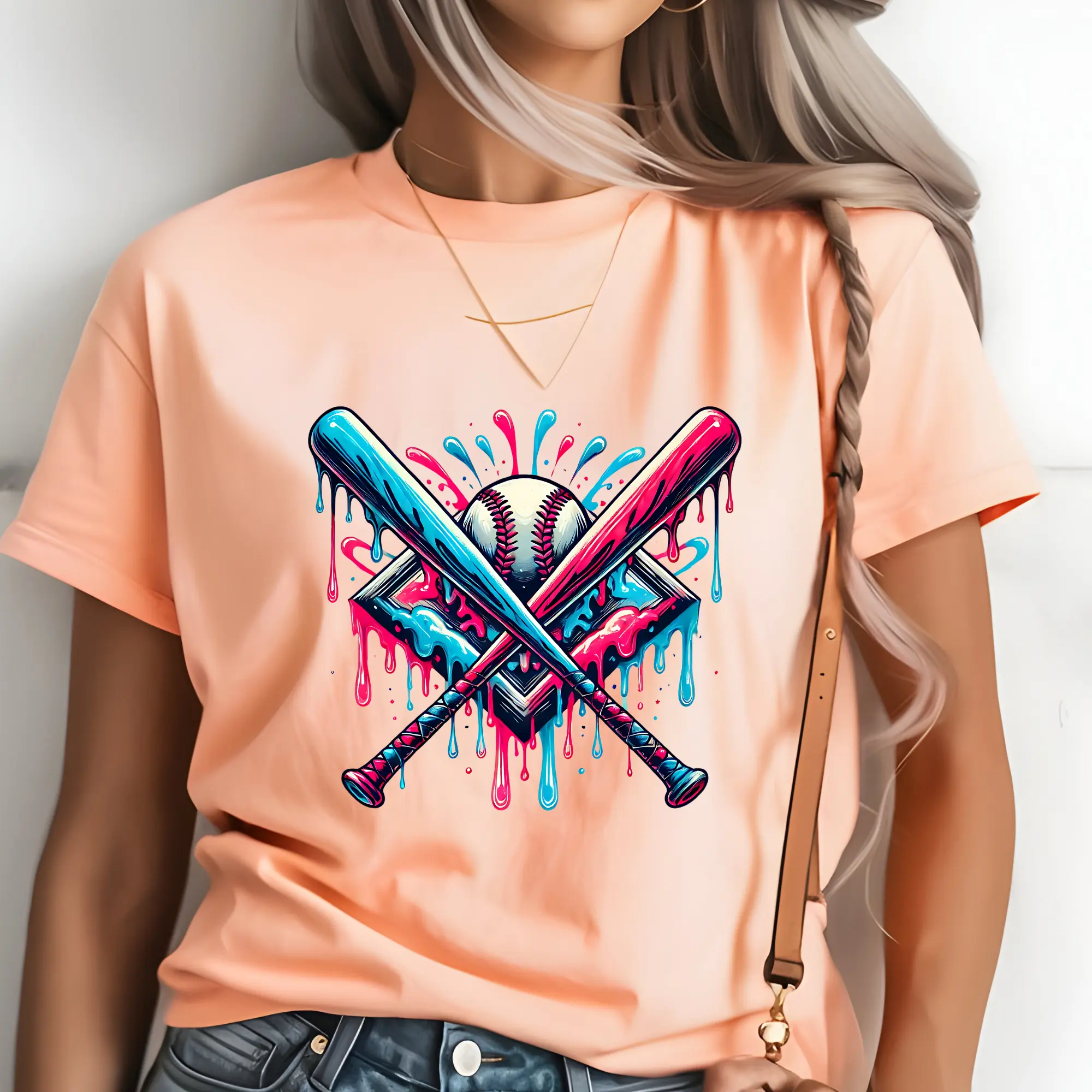 Vibrant Dripping Paint Baseball & Bat Detailed Design DTF Print - Ready-to-Press Direct-to-Film Apparel Print, Ideal for T-Shirts, DIY Projects, Printmaking Embossing Accessory