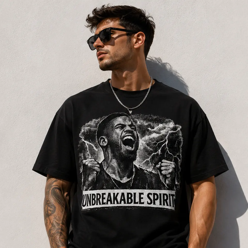 Men's Unbreakable Spirit Graphic T-Shirt, Black Short Sleeve Crew Neck Tee, Powerful Portrait and Lightning Print, Motivational Streetwear Top, Inspirational Gift for Men