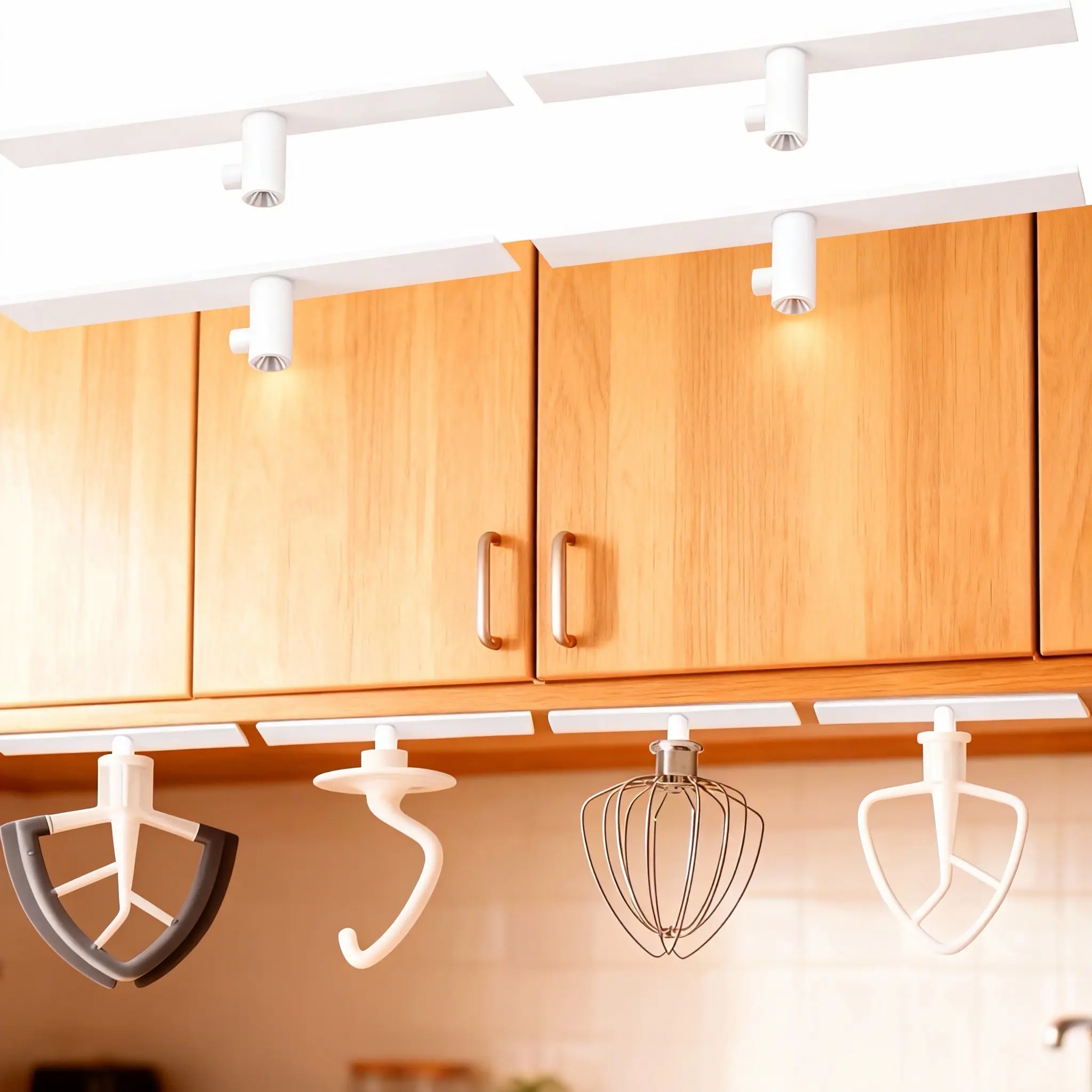 White Space Saver Mixer Attachment Holder (4-Piece Set) - Kitchen Hanging Organizer, Secure Holds Beaters & Scrapers, Keeps Mixer Accessories Organized