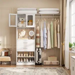 Unikito Modern 60'' W Walk-in Closet Organizer with Ample Door Storage Cabinet and 2 Wooden Drawer, Sturdy Wardrobe Closet System with Hanging Rod and DIY Shelving,