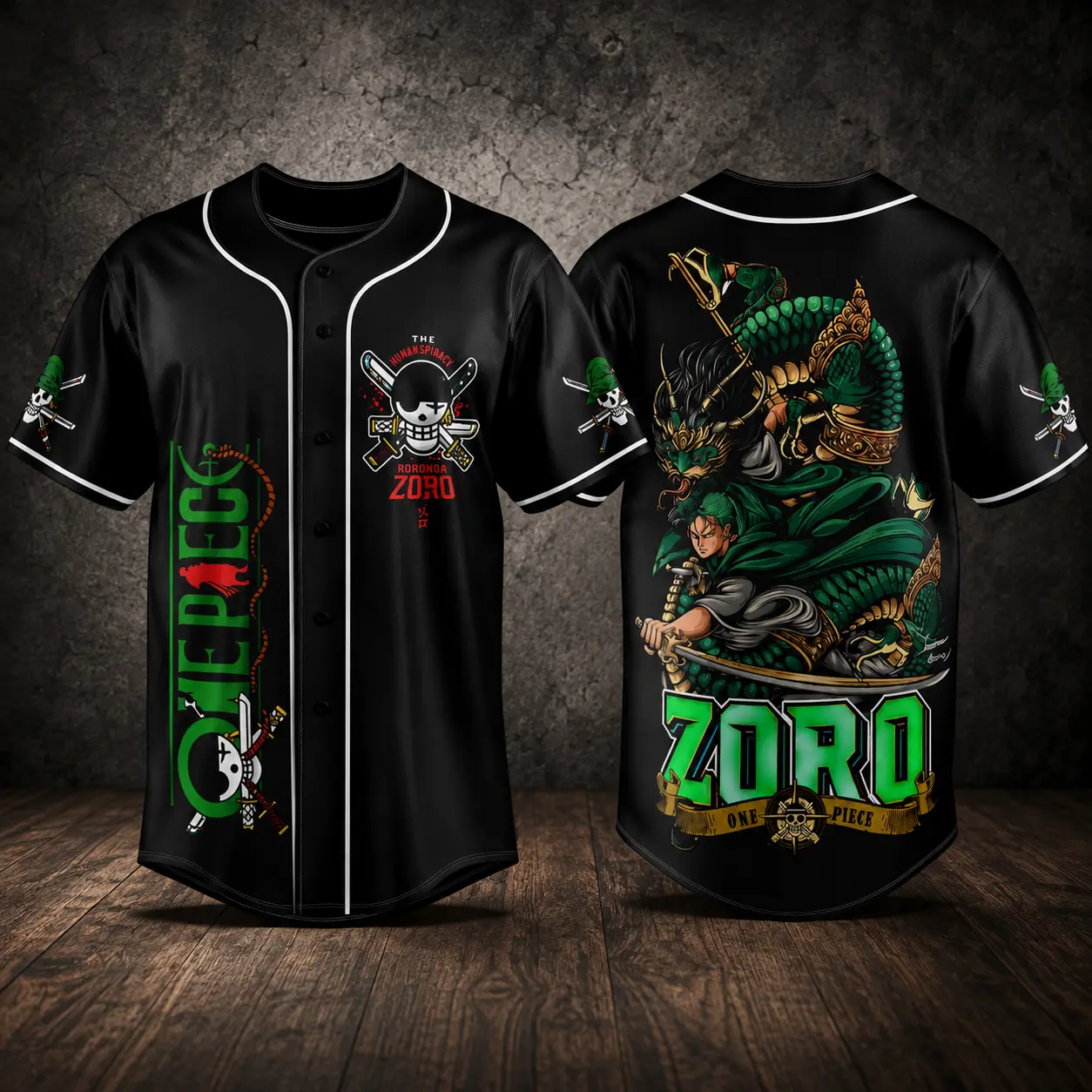 Zoro Inspired Baseball Jersey – Anime Swordsman Dragon Button Up Shirt, Green Warrior Fan 3D Sports Jersey, Unisex S-5XL