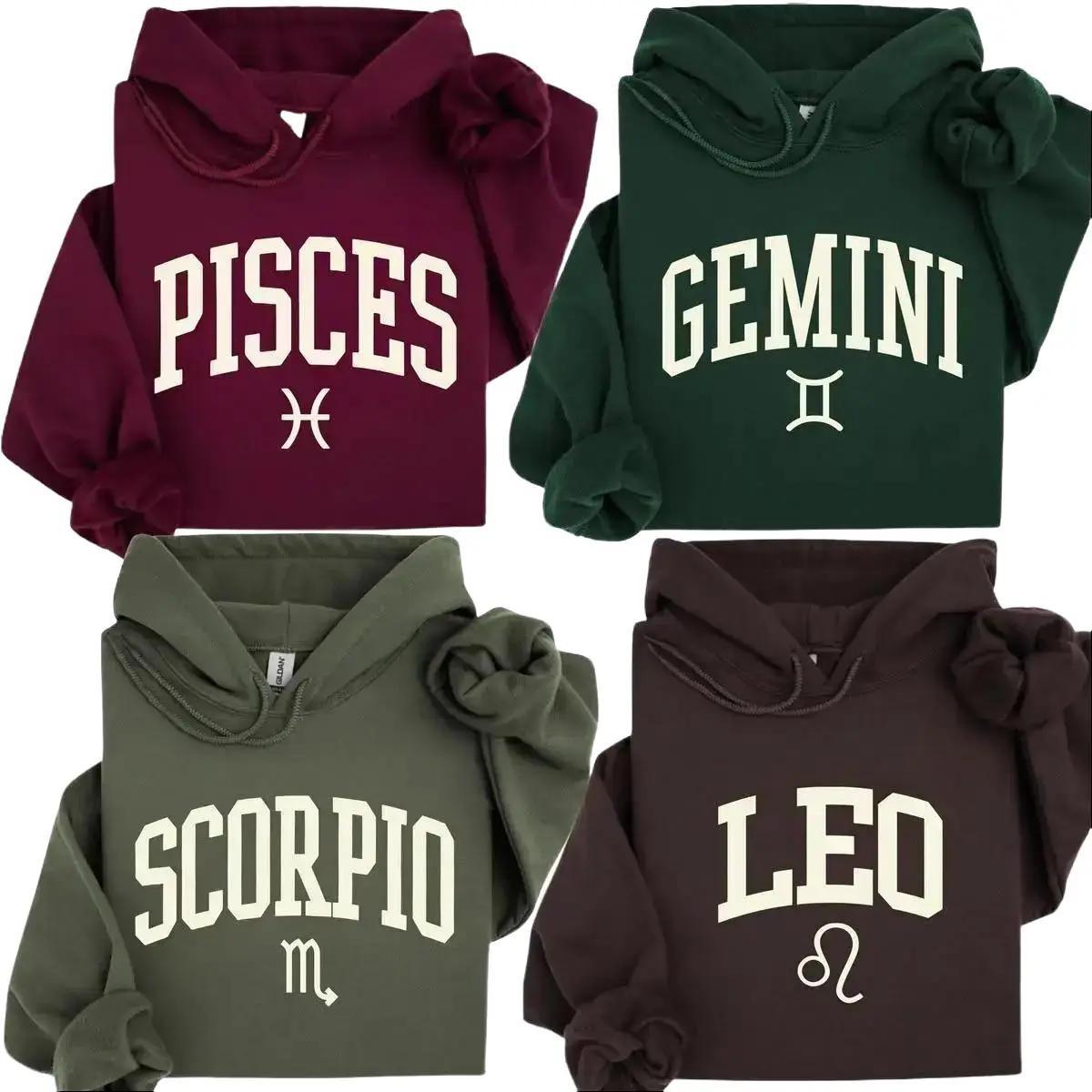 Zodiac Sign Pisces Gemini Scorpio Leo Hoodie, Astrology Sweatshirt, Horoscope Celestial Graphic Pullover, Star Sign Birthday Gift for Women & Men, Aesthetic College Font Apparel, Vintage Varsity Zodiac Clothes, Trendy Astrology Lover Gift