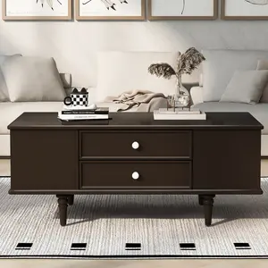 Modern Coffee Table with Drawers & Hidden Storage - 47.2” Large Wood Coffee Table with 4 Drawers and Side Cabinets, Multi-Functional Storage Table for Living Room, Brown