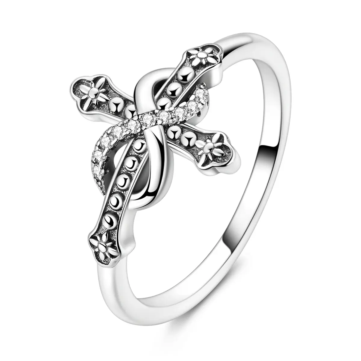 MULA Women's Vintage Cross Infinity Ring, 925 Silver-Plated Stackable Jewelry with Floral Accents & CZ, Faith Gift for Mothers & Christian Celebrations, Everyday Wear, Vintage Details