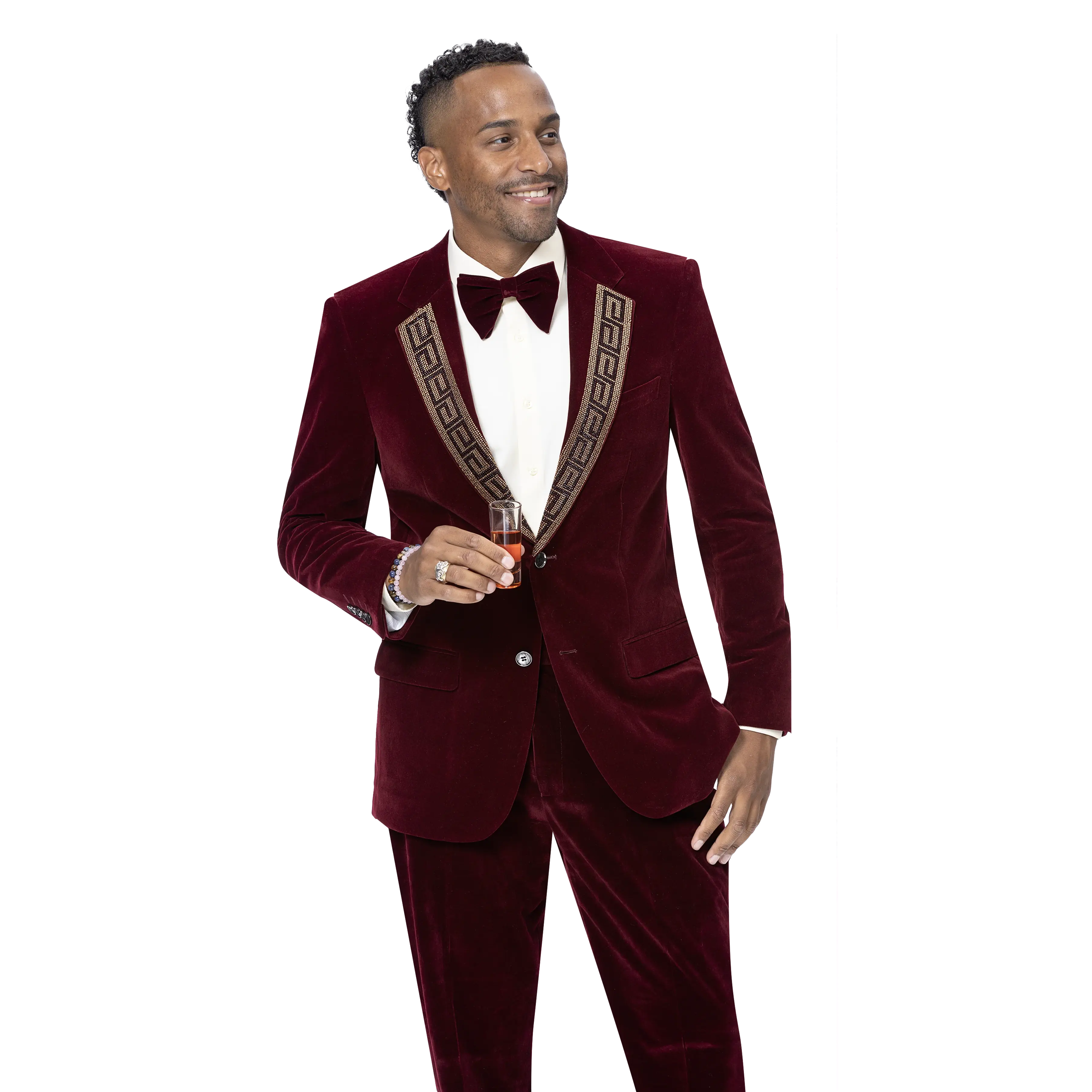 Velvet 2-Piece Fashion Suit with Sequin Lapel - Burgundy