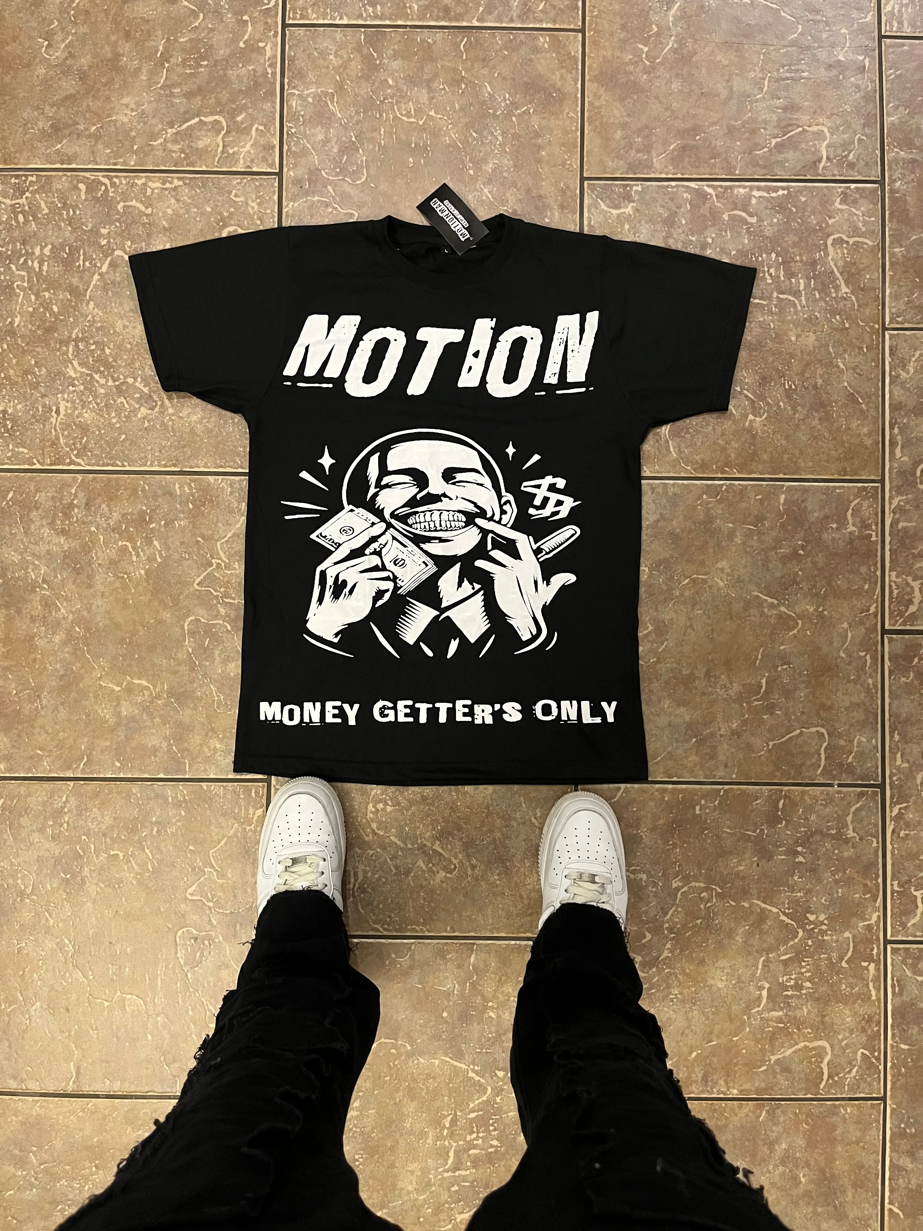 Black Motion T-Shirt Front and Back-In Premium Cotton Casual Menswear Classic Top Dress Jeans Underwear Man