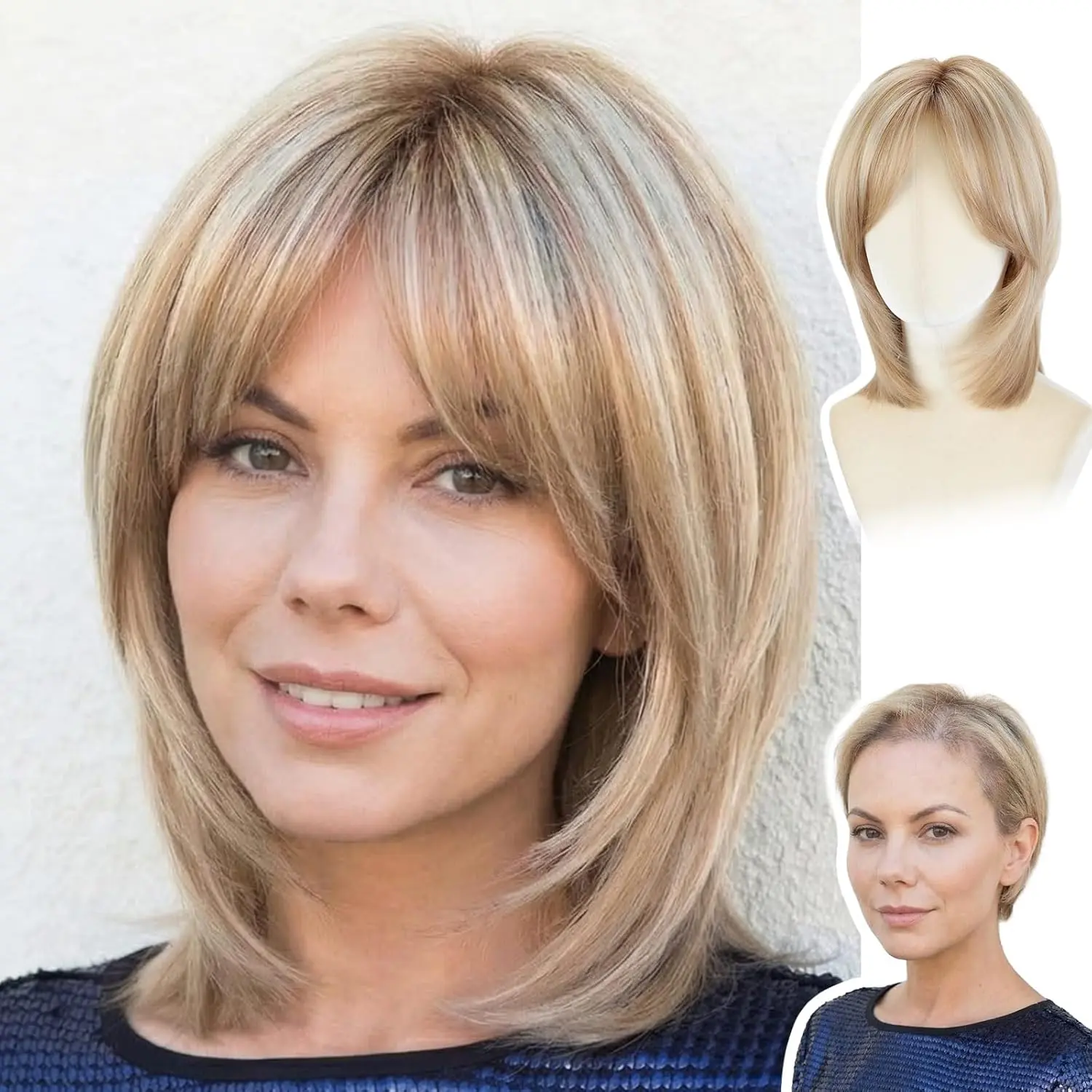 Lenora -WIGYY Mono Top Lace Front Wig for White Women – 13 Inch Blonde Highlights Shoulder Length Synthetic Wig, Natural Look Protein Fiber Hair, Glueless Lightweight Daily Wig