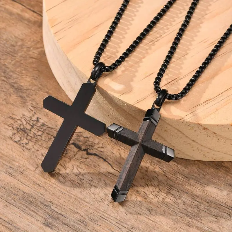1Pcs Cross Necklace for Men - Stainless Steel & Wood Adjustable Chain , Spiritual Jewelry Gift for Him, Everyday Wear