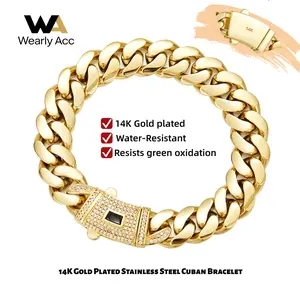 14K Gold Plated Cuban Bracelet. Stunning new gold-plated craft and classic white stone inlay design. Miami Cuban chain merges tradition and hip-hop fashion. The ultimate gift for him/her. 6mm-14mm, 7.5/8.5 inches in stock Resists Green Oxidation Iced Out