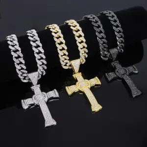European and North American cross pendant with diamonds, alloy, for men, cool and trendy, rap, cross-border hip-hop style, Cuban chain