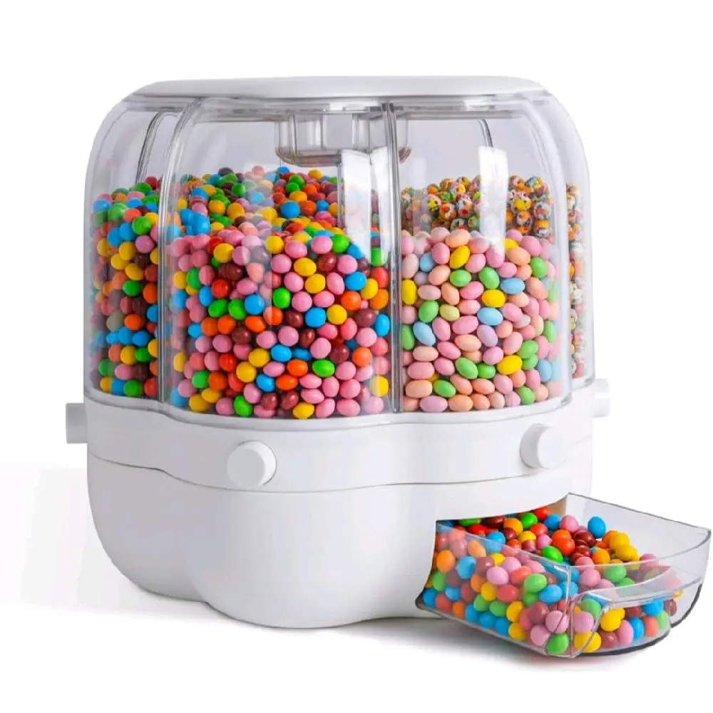 Rotating Candy Dispenser, Candy Dispenser 360° Rotating with 6 Compartments, Candy Dispenser Countertop with Transparent Drawer, Fun Press Type Nut Storage Box for Candies Rice Snacks Grains .