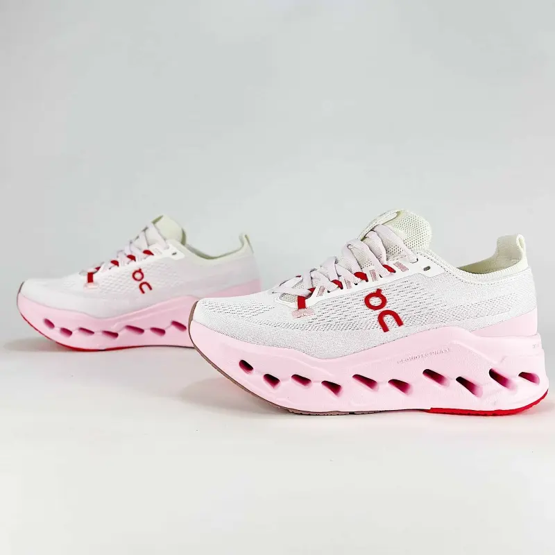 New Hot White Pink Two Tone Knit Mesh Running Sneakers Hollow Wave Cushion Midsole Sweat Wicking Upper For Morning Jogging Daily City Walks