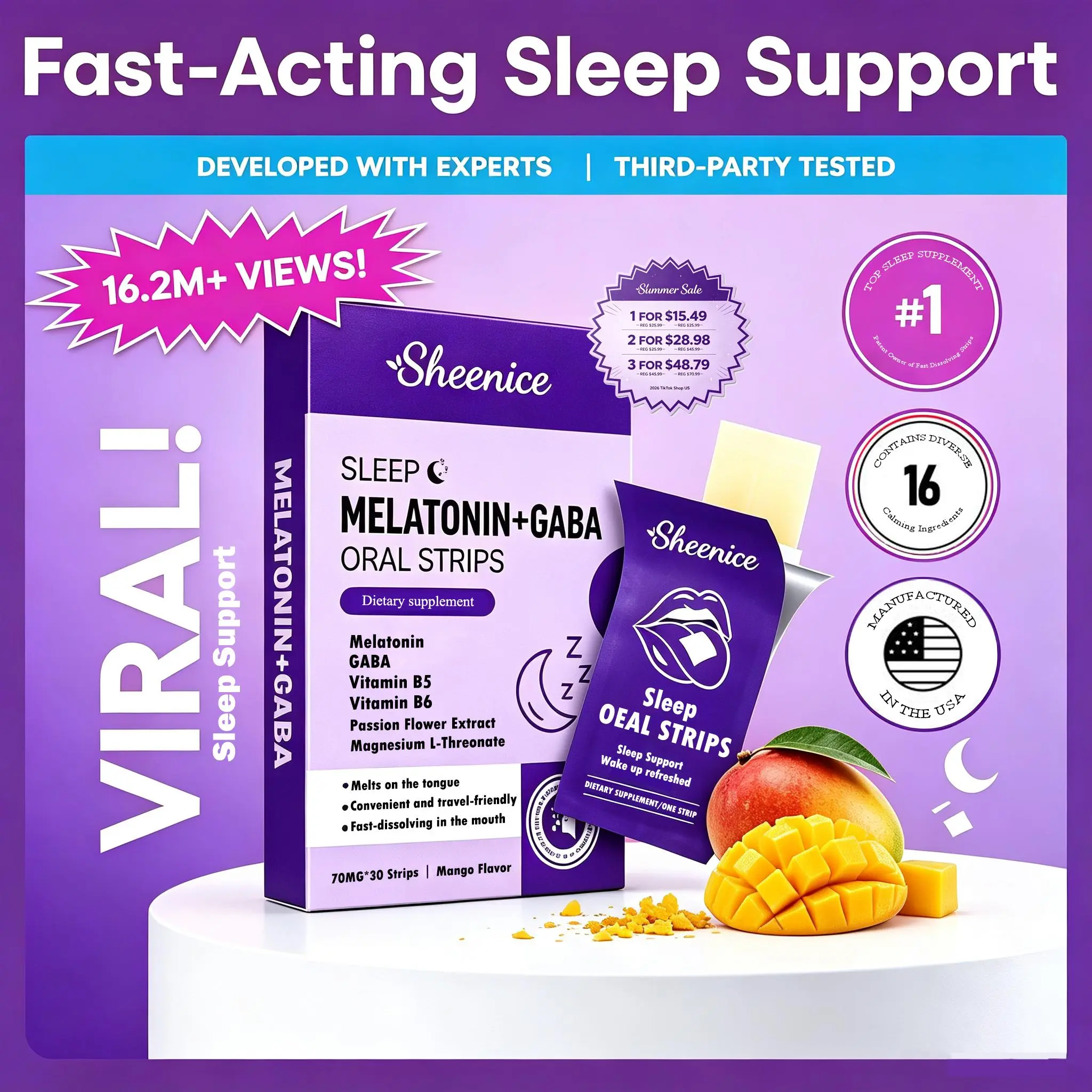Sheenice Natural Sleep Aid Fast-Dissolving Strips - Melatonin Supplement with GABA, L-Theanine, Vitamin B5, Vitamin B6, Mango Flavor, 30 Servings