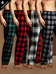 Men's Plaid Checked Sleepwear Set 4 Piece Long Pants, Casual Homeewear Loungewear, Comfortable Fashion Fitted Men's Pajamas, Perfect Gift, Holiday Celebration Clothing Menswear