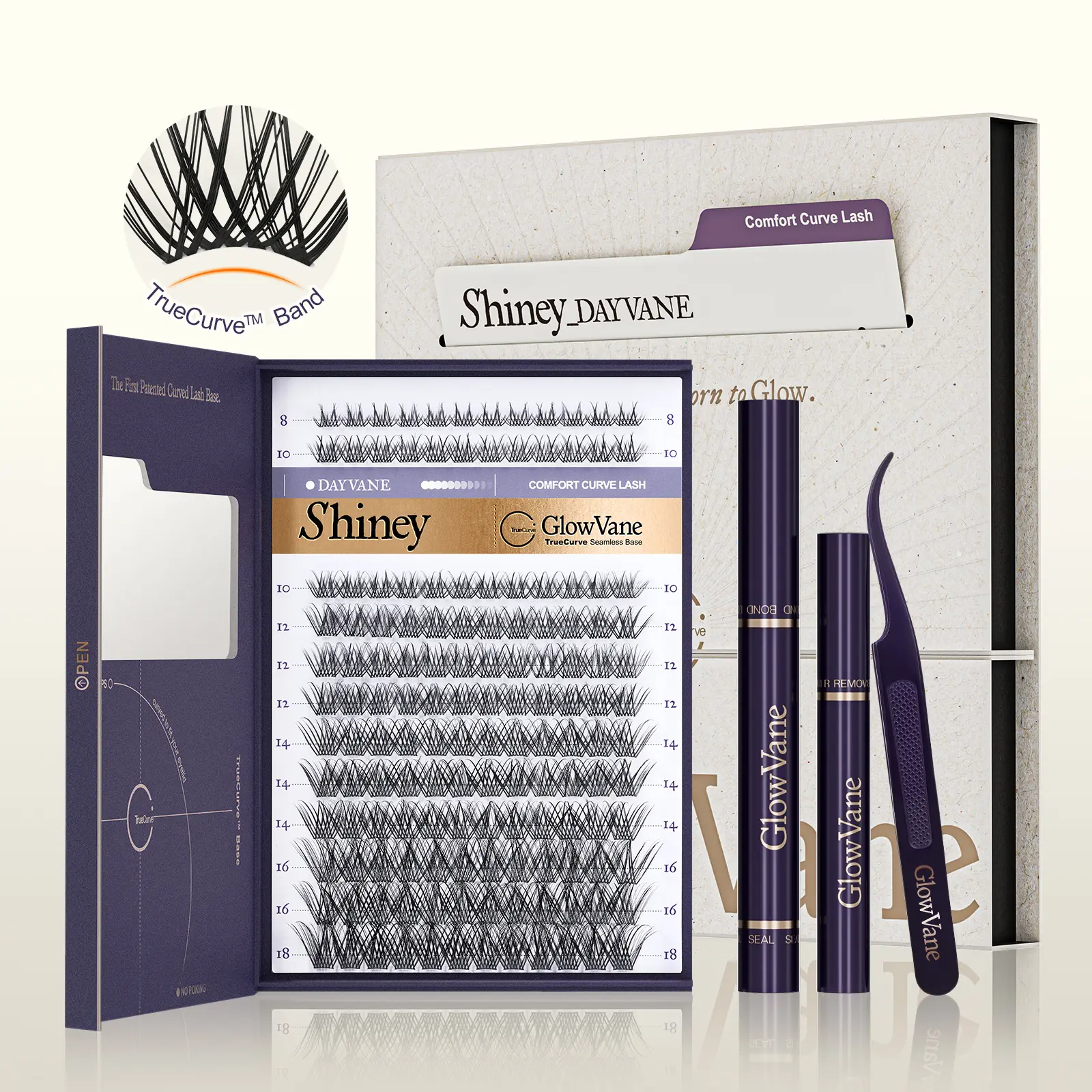 GlowVane TrueCurve Lash Kit | 0.03mm Invisible Curved Band Lash Clusters Soft Wispy 8-18mm DD Curl DIY Lash Extensions for Beginners Seamless Eye Fit Zero Strain(FS2)