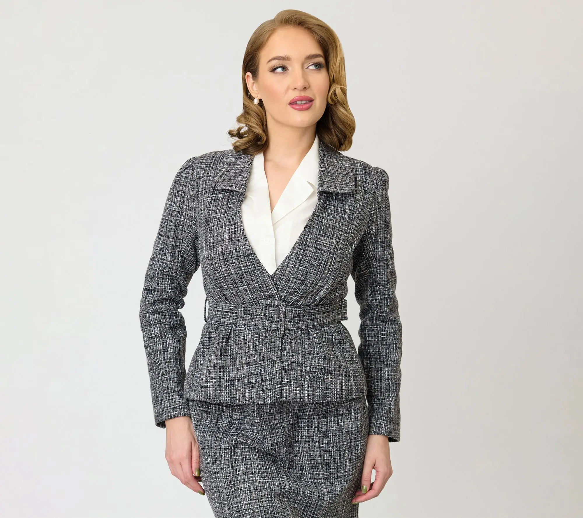 Unique Vintage Grey Tweed Belted Shawl Collar Jacket