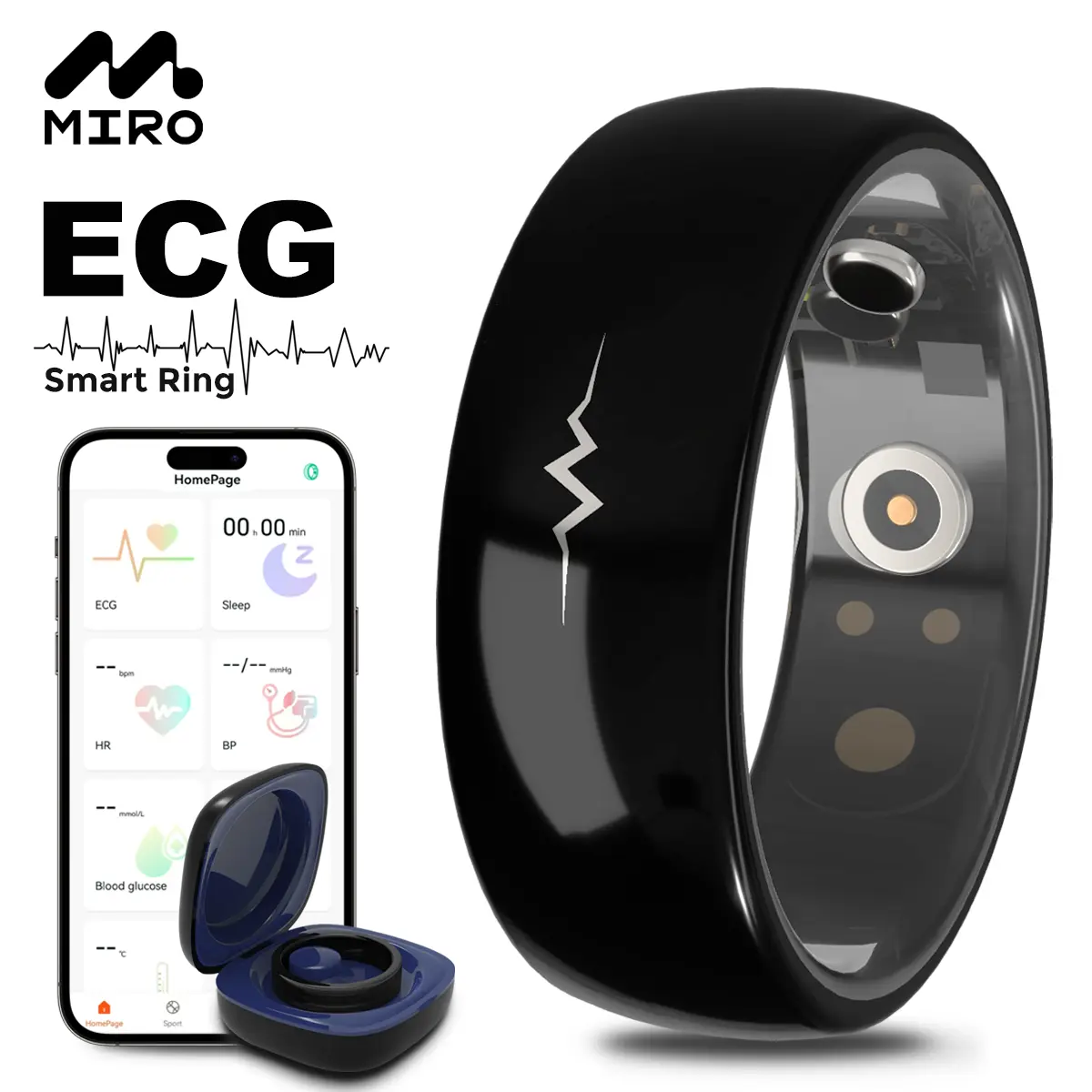 Smart ECG Health Monitoring Ring – ECG/Heart Rate / Sleep / Activity Tracker/Blood    pressure/Blood glucose/Spo2/Temperature/Water Proof