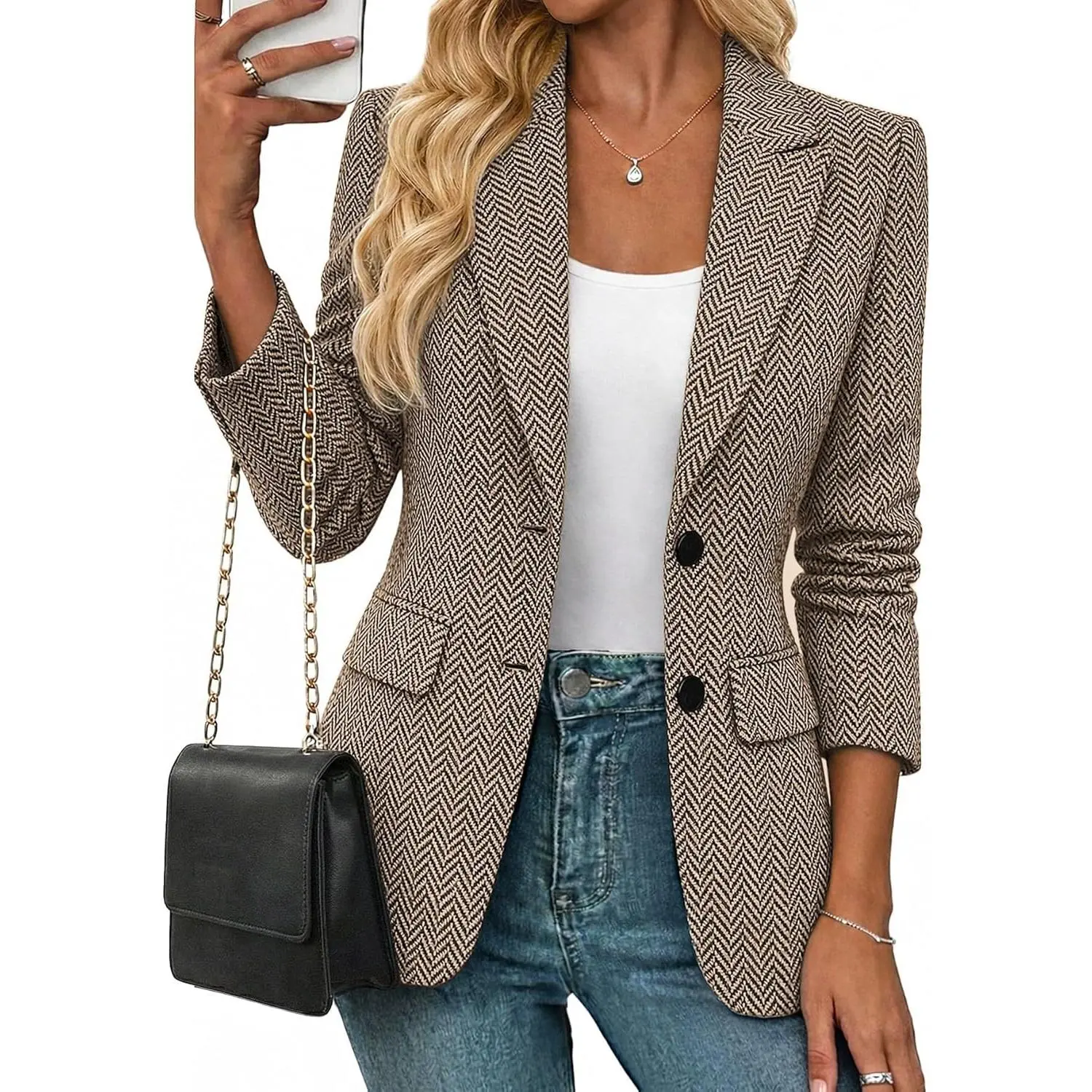 Free shipping/3p Mina Self Women's Spring Herringbone Tweed Blazer - Open Front Fully Lined Casual Work Office Jacket with Pockets