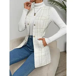Women's Plaid Print Fake Buttons Decor Vest Jacket, Elegant Casual Open Front Long Sleeve Vest Coat for Daily Outdoor Wear, Ladies Clothes for All Seasons
