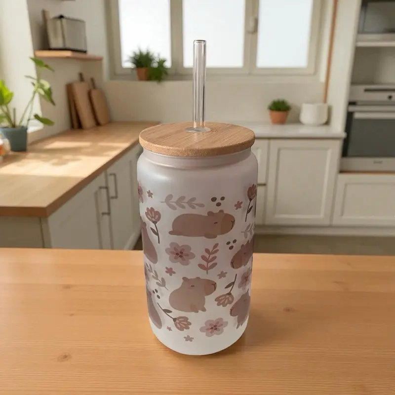Capybara 16oz  Drinkware Reusable Stylish TumblersFrosted Glass Cup with Bamboo Lid and Straw Floral Design Perfect for Home Use