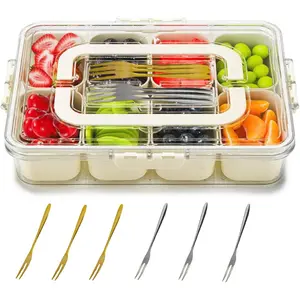 Divided Serving Tray with Lid & Handle, Portable Charcuterie Container with 8 Compartments & 6 Forks for Nuts Candy Fruits, Perfect for Party Entertaining Picnic