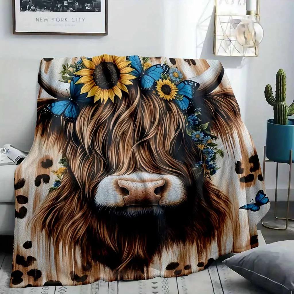 Highland Cow Flannel Blanket - Sunflower, Blue Butterfly, Leopard Print - Soft Lightweight, Wrinkle Resistant, Cozy Plush Warm Floral Decor Throw for Sofa, Home Office, Gift, Soft Lightweight Blanket, Sunflower Daisy Blanket