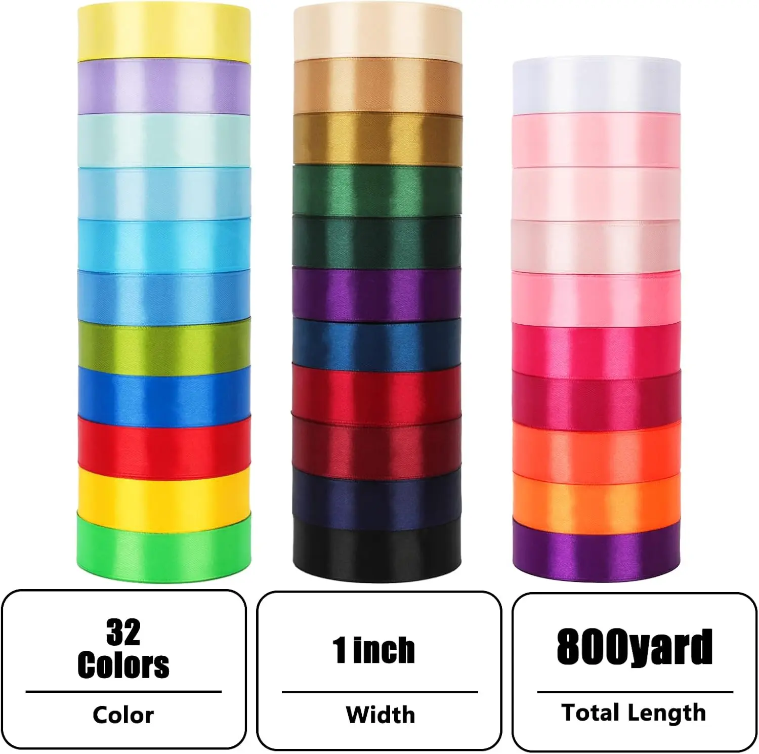 32-Pack Single-Face Satin Ribbon Rolls, Colorful 1in 800yd for Gift Wrap & Crafters - Home Improvement, Building Supplies, Wallpaper & Wall Trim