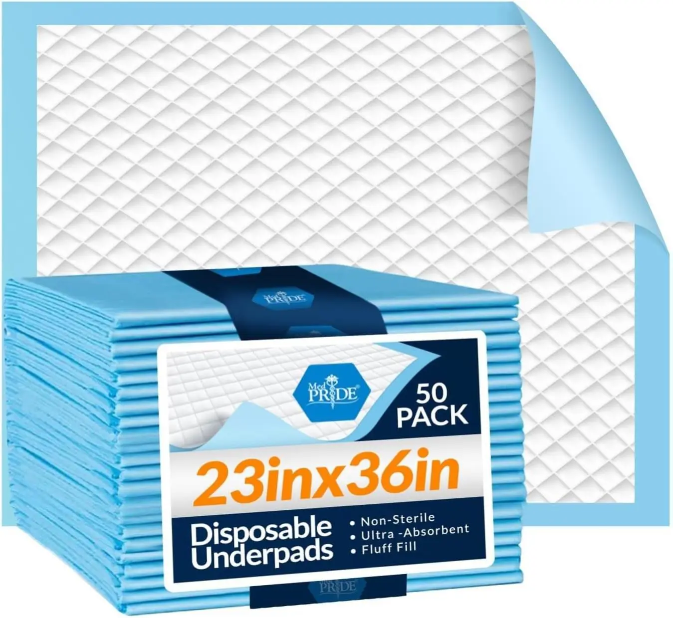 MED PRIDE Disposable Chux Pads 23in X 36in, Super Absorbent Bed Pads for Incontinence, Underpads for Adults, Kids, Pets (50 Count (Pack of 1) Blue/White)