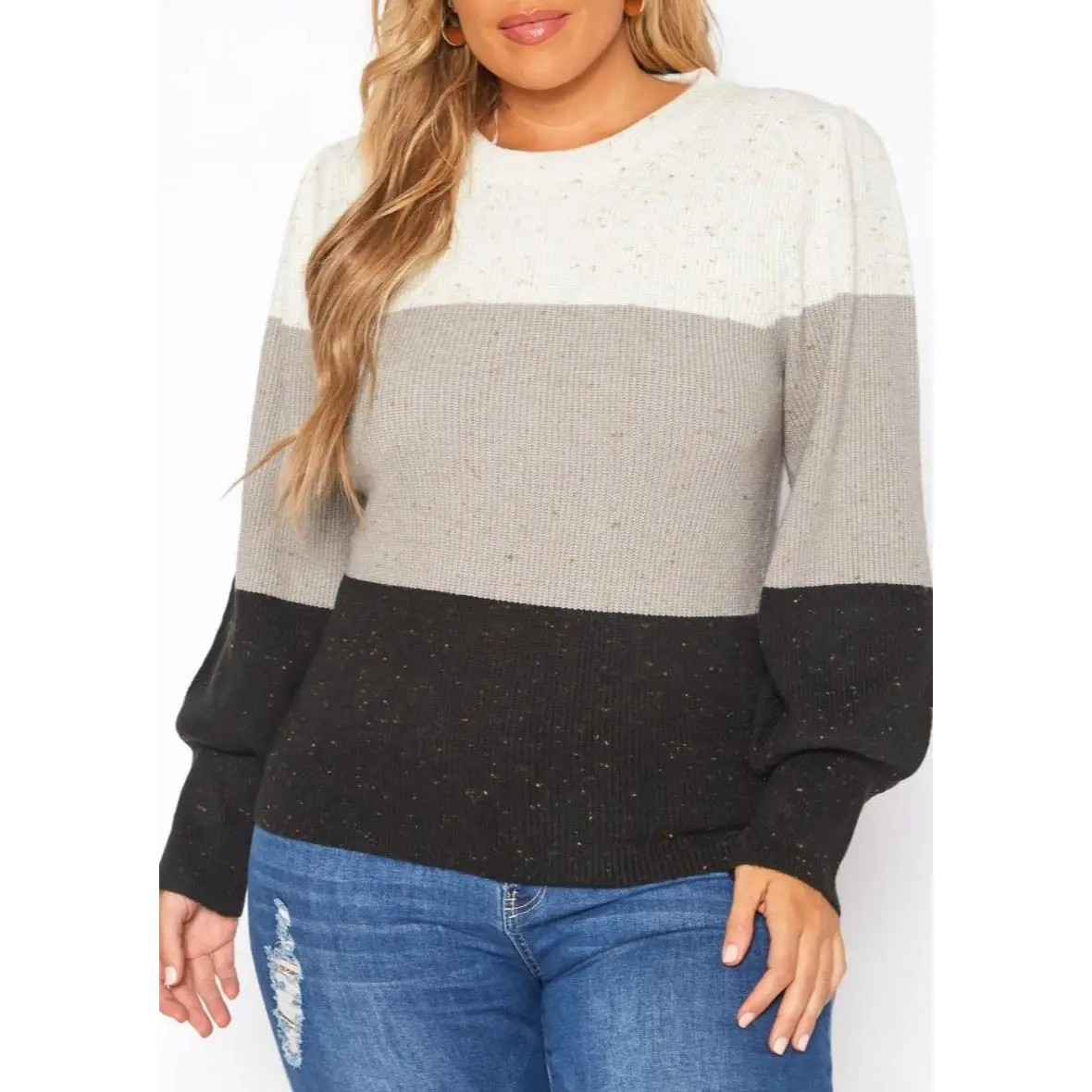 Hi Curvy Plus Size Color Block Ribbed Knit Sweater