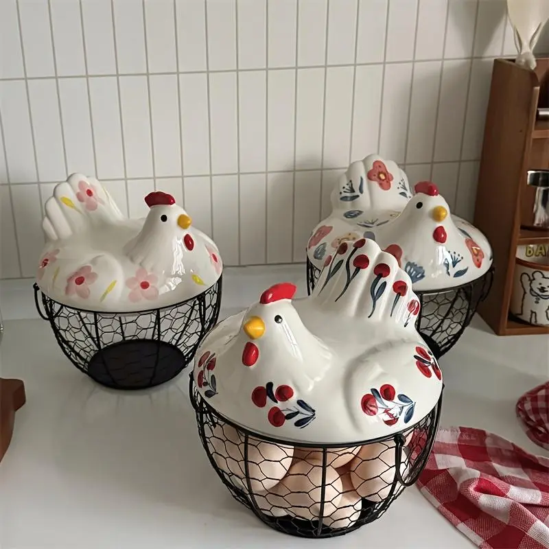 Ceramic Egg Basket with Metal Wire and Lid, Multifunctional Kitchen Storage Box, Decorative Food Organizer for Eggs Fruits Vegetables, Multipurpose Basket