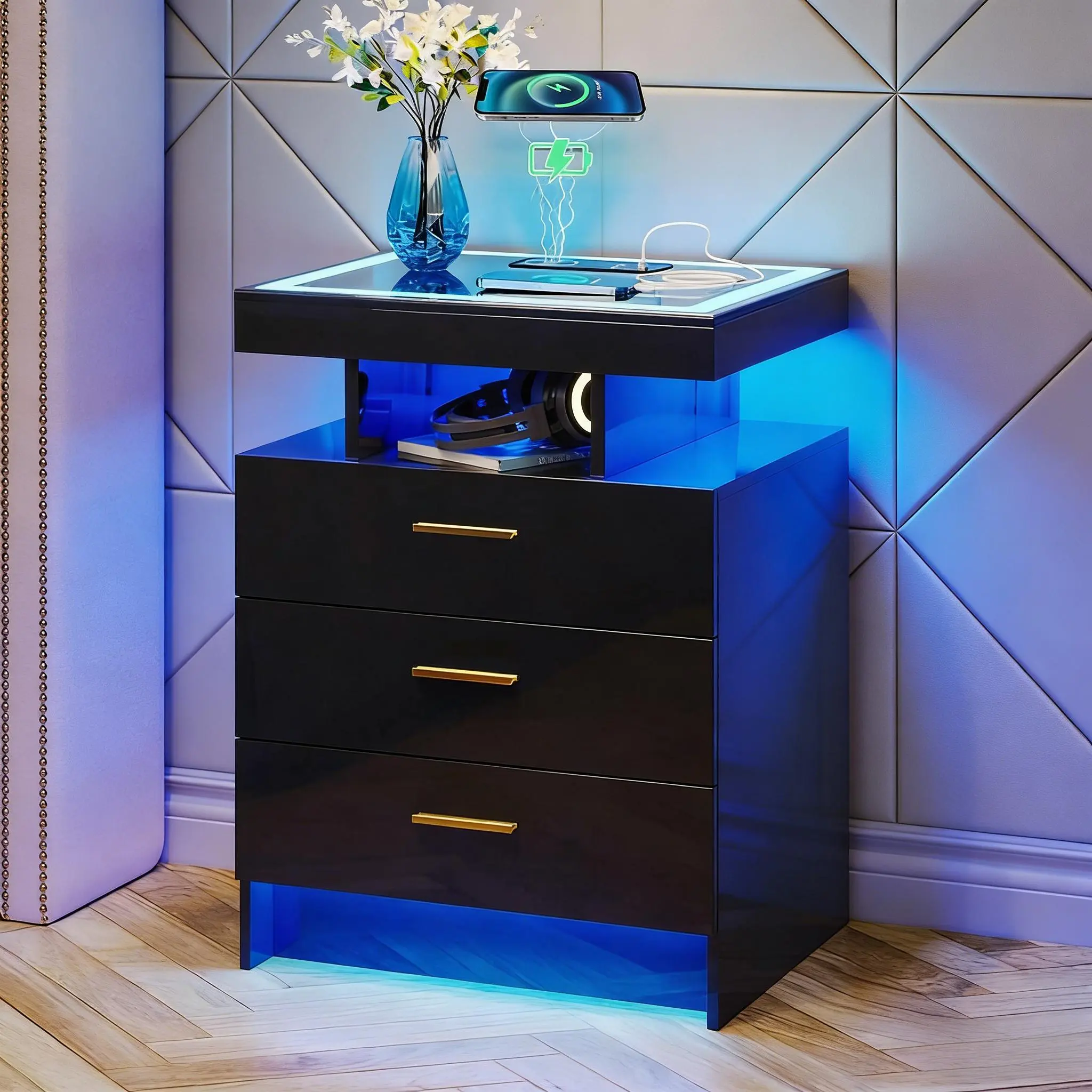 Modern 3-Drawer White High Gloss Nightstand with Glass Top, Auto LED Lights, Charging Station, USB Ports, MDF Board & Open Shelf, Bedroom Indoor Furniture Side Table