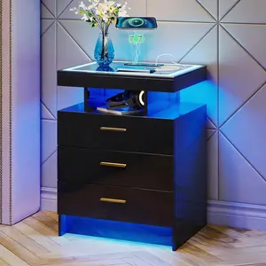 White High Gloss Nightstand With Glass Top, Auto LED Lights, Charging Station & USB Ports, Modern 3-Drawer Bedside End Table For Bedroom Furniture
