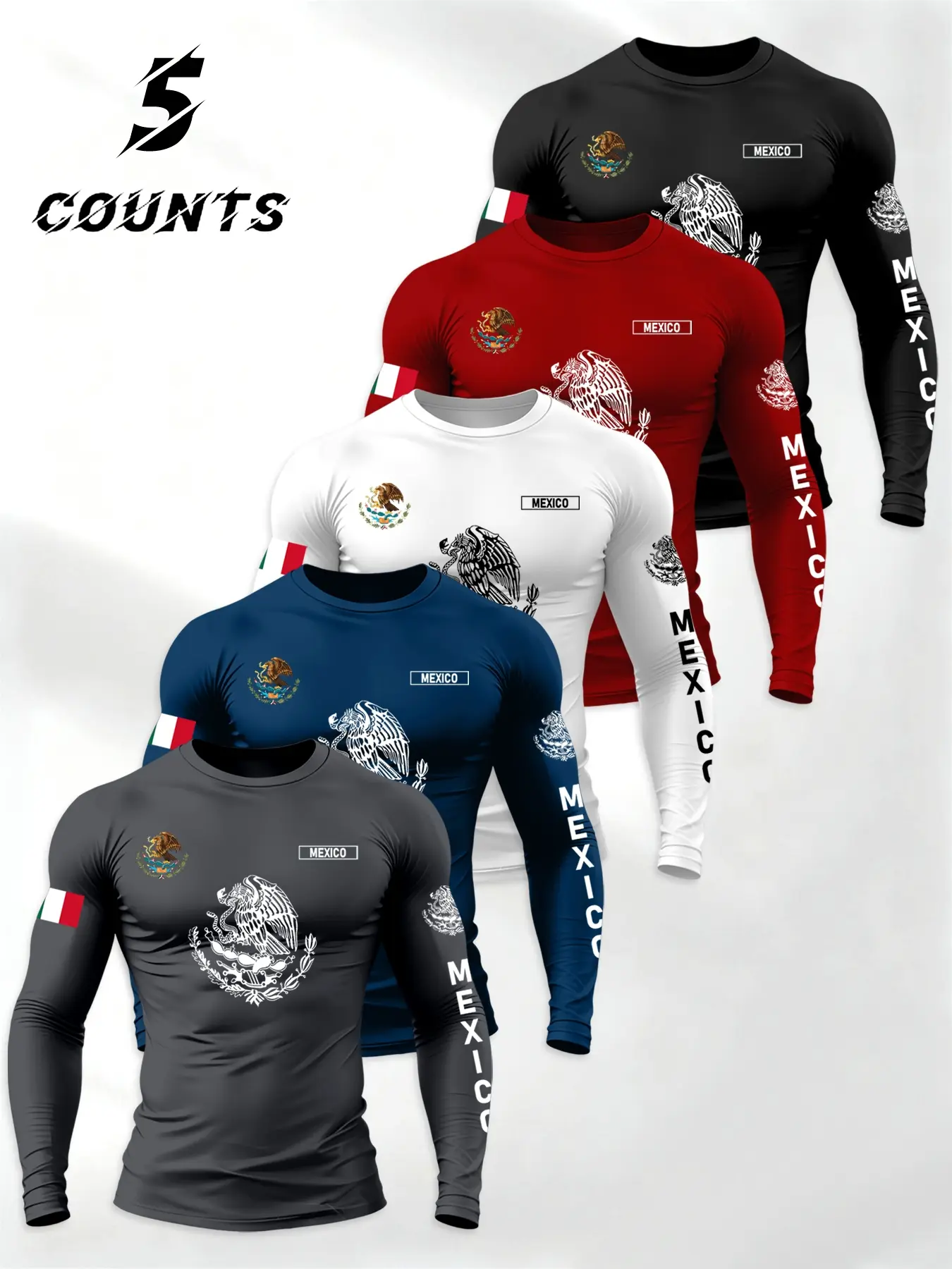 Men's 5-Piece Knit Long Sleeve T-Shirt Set, Classic Casual Loose-Fit Fashion, Round Neck with Mexican-Themed Flag Letter Print, Streetwear Style