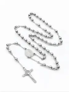 Rosary Beads Long Necklace with Jesus Christ Crucifix, Catholic Prayer Pendant, Religious Symbolism, Party Gift, Stainless Steel, Casual Style, All Seasons