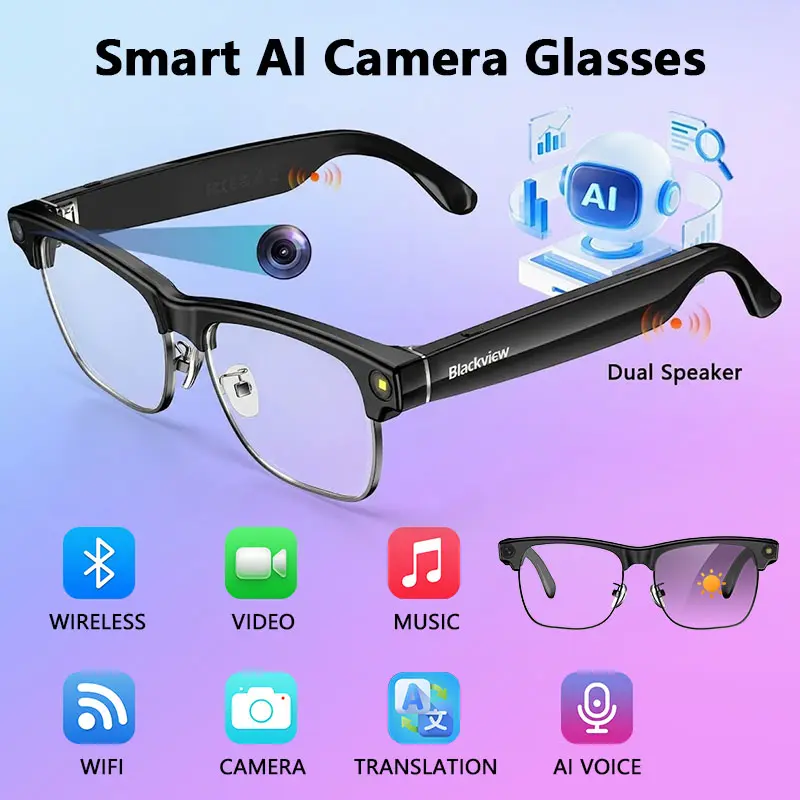 Blackview Multifunctional Wearable Tech Wireless Smart Glasses - 8MP Camera, 139-Language AI Translation, ChatGPT, Bluetooth Audio, Photochromic Lenses, Built-in Microphone, Touch Control for Adults, Multifunctional Smart Glasses