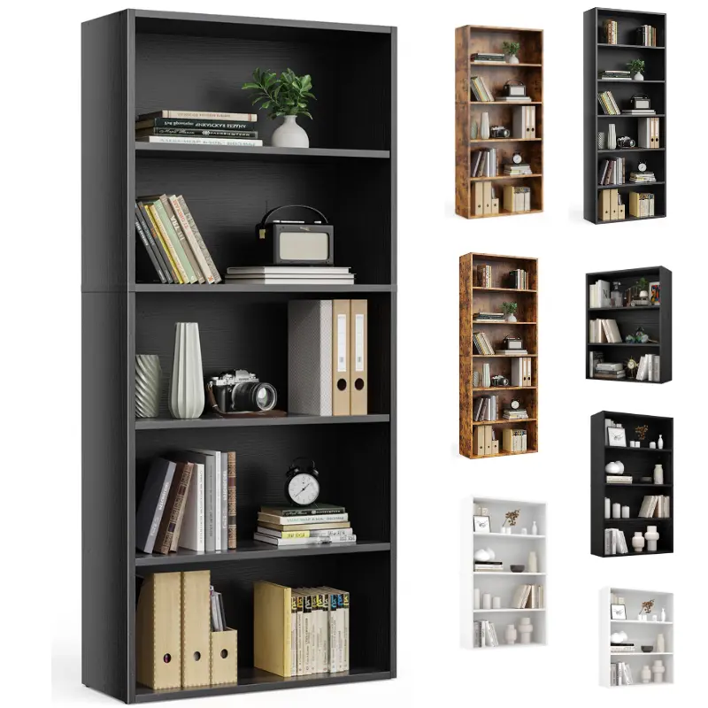 Industrial 5 Shelf Bookcase - Large 53 Inch Tall Floor Standing Open Bookshelf with Anti-Tipping Device for Home Office, Living Room, and Bedroom Storage, Black floor-standing open shelving, suitable for storage in home offices, living rooms and bedrooms