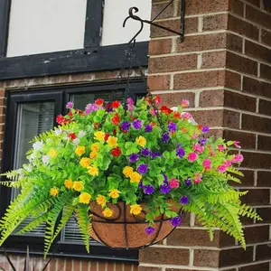 Anti-ultraviolet imitation hanging flower basket, featuring a combination of roses, eucalyptus and Boston fern, suitable for both indoor and outdoor garden patios as a general decoration.