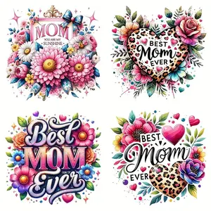 4 Pack Best Mom Ever Heat Transfer Patches, Colorful Cartoon Floral PVC Iron-On Transfers for DIY Shirts Bags Accessories Decoration, DIY Decoration Set, Perfect Thoughtful Creative Mother's Day Gift, Vibrant Graphics, Easy to Apply