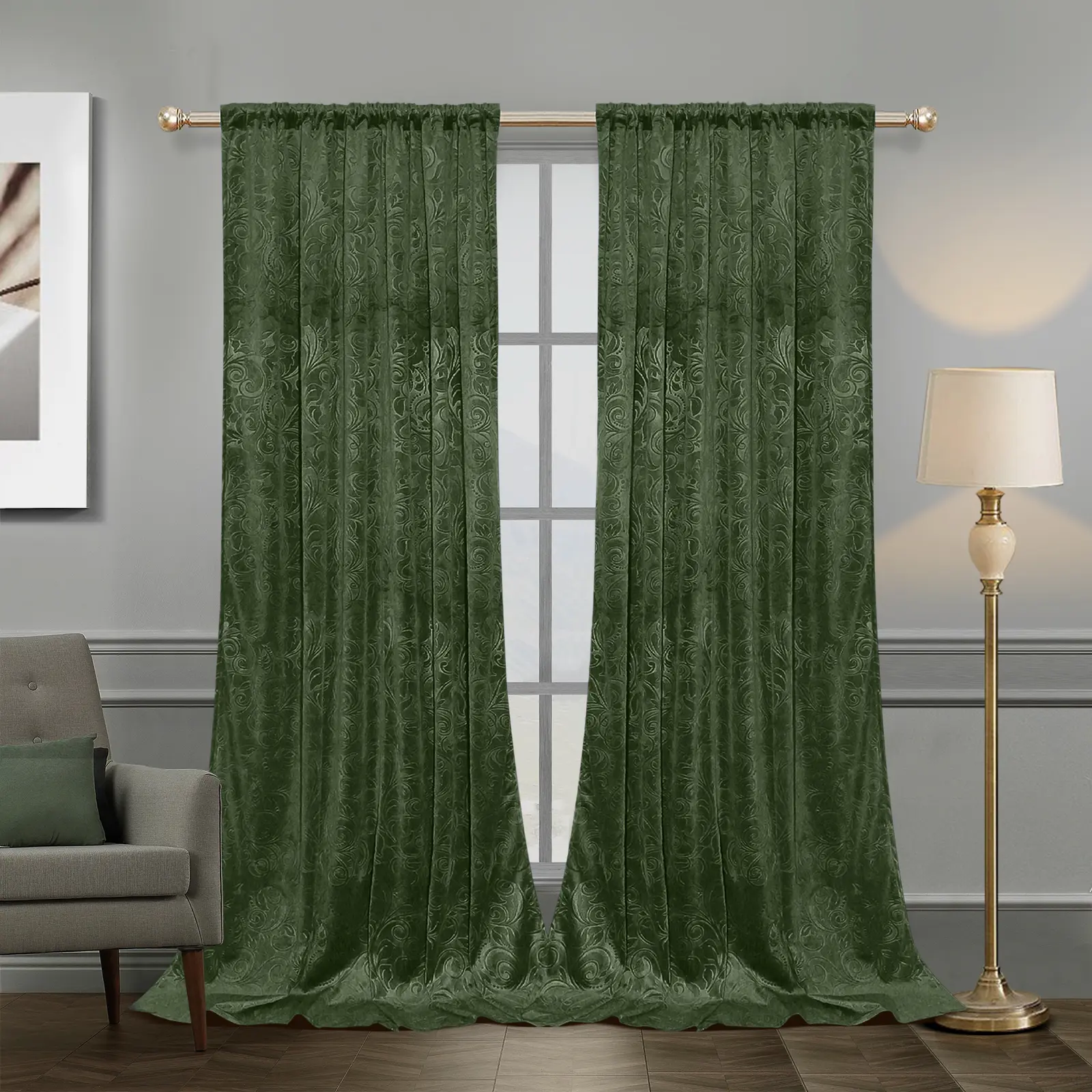 BTTO 2-Panel Crushed Velvet Floral Heavy Curtains (52x84in), Modern Damask Low-Iron Double Layer Blackout Velour, Light-Blocking Thermal Insulated Rod Pocket with Multiple Hanging Options, Room Decor for Bedroom, 1.5-3x Window Fit, Heavy Curtain