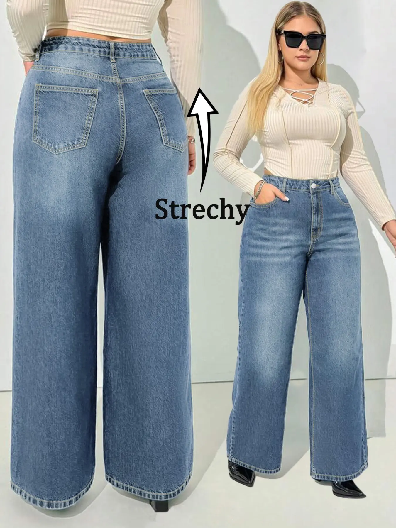 High-Waisted Elastic Straight Leg Loose Fit Baggy Streetwear Casual Fashion Denim Jeans Pants with Pocket for Plus Size Women, Casual Daily Wear, Vacation, Comfortable and Stylish