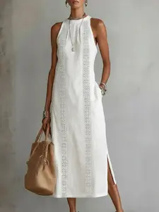 2026 Summer Women Solid Color Halter Neck Long Dress Short Sleeve Loose Fit Maxi Dresses, Casual Trendy Ladies Floor Length Dress, Daily Wear Vacation Beach Going Out Boho Summer Women Clothing
