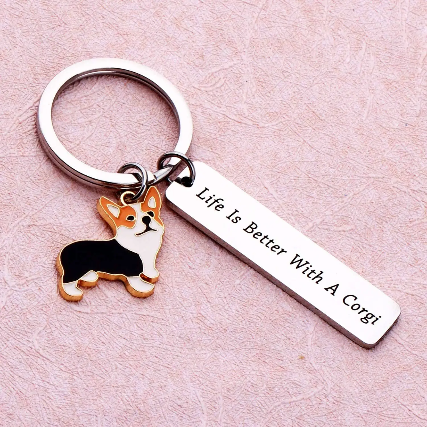 Durable Stainless Steel Corgi Enamel Keychain - "Life is Better With A Corgi" Engraved Dog Keyring Accessory for Dog Lovers Key Charms