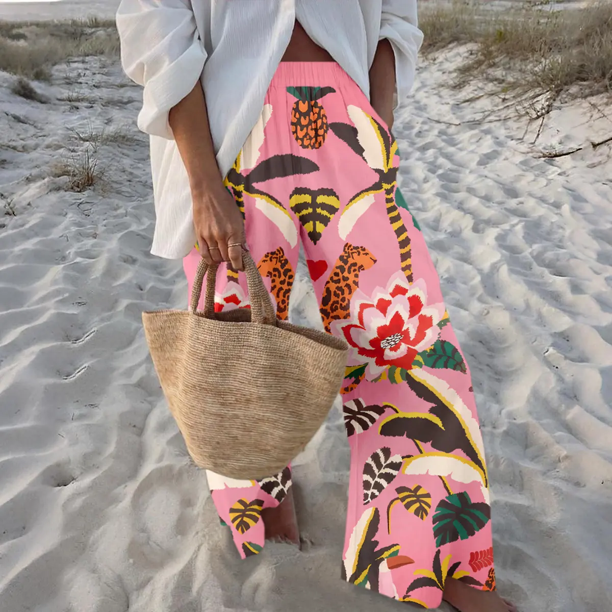 New launching 30% linen and 70% rayon，Jungle Leopard Print Pants, Elastic Waistband, Enthusiastic and outgoing wide leg pants，Comfortable Holiday Wear