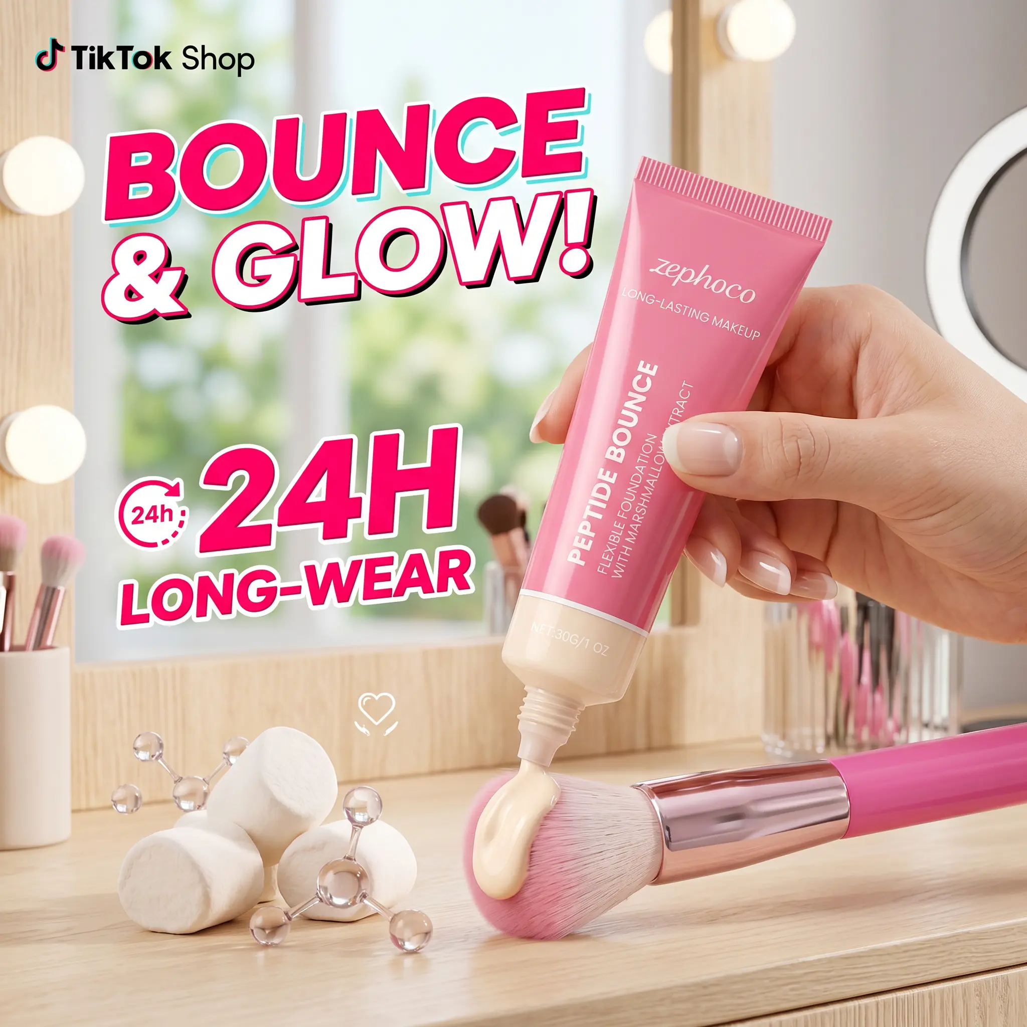 zephoco PEPTIDE BOUNCE Flexible Foundation 30g with Brush • Long-Lasting Hydrating Makeup with Marshmallow Extract • Ivory White Full Coverage Nourishing Liquid Foundation for Flawless Glow Skin